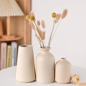 VASEFORU Beige Ceramic Vase Set – 3 Small Boho Vases for Rustic Farmhouse & Modern Home Decor